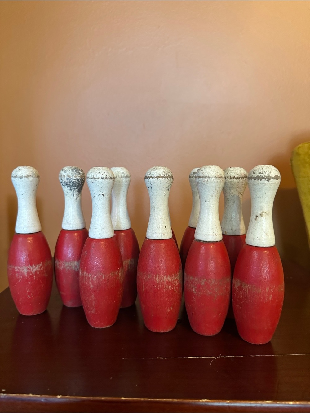 10 Small antique wooden bowling pins